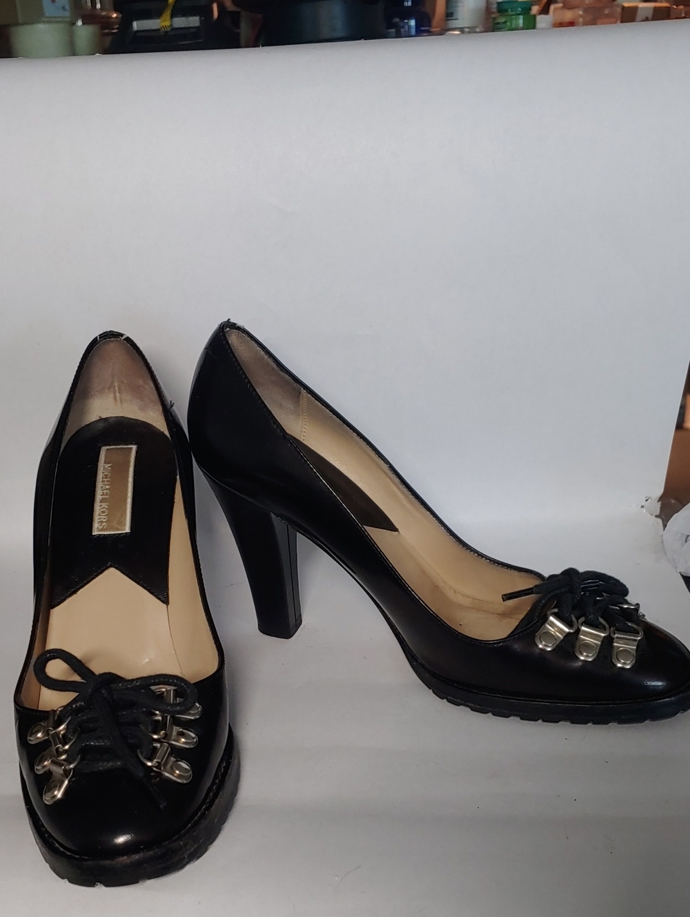 Michael Kors Black Leather Lace-Front High Heel Pumps